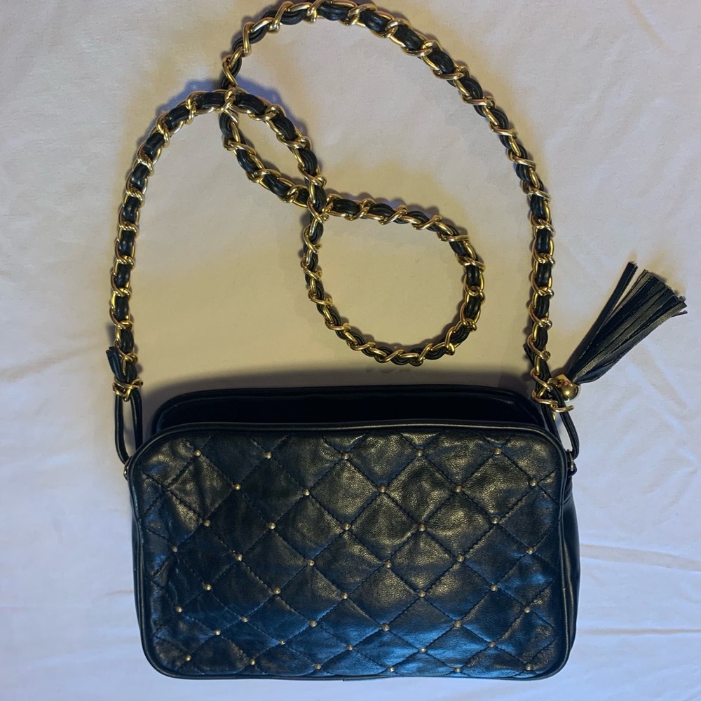 Vegan Leather Shoulder Bag with Gold Embellishments
